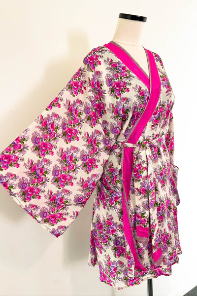 Short Upcycled Kimono Robe ~ Rose Reverie