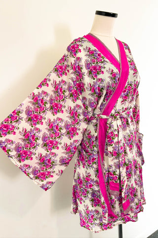 Short Upcycled Kimono Robe ~ Rose Reverie