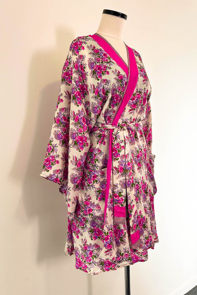 Short Upcycled Kimono Robe ~ Rose Reverie