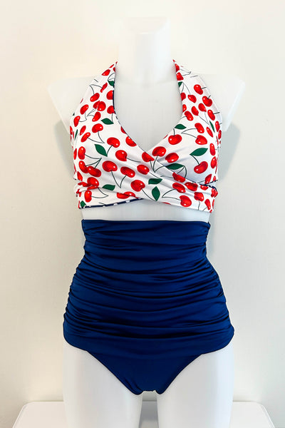 Gina Top in White Cherry & Navy Dot