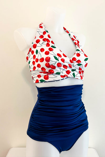Gina Top in White Cherry & Navy Dot