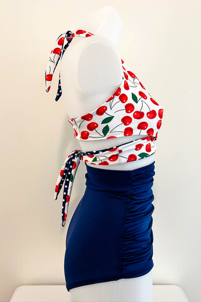 Gina Top in White Cherry & Navy Dot