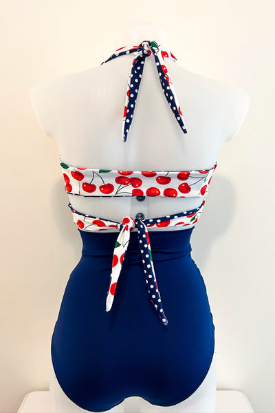 Gina Top in White Cherry & Navy Dot