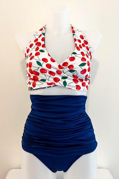 Gina Top in White Cherry & Navy Dot