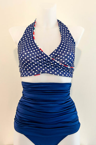 Gina Top in White Cherry & Navy Dot