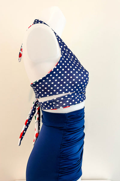 Gina Top in White Cherry & Navy Dot