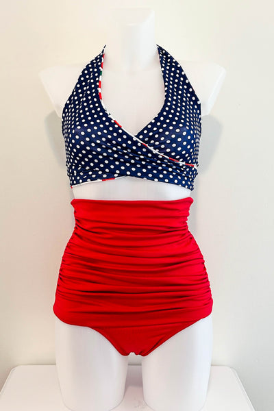Gina Top in White Cherry & Navy Dot