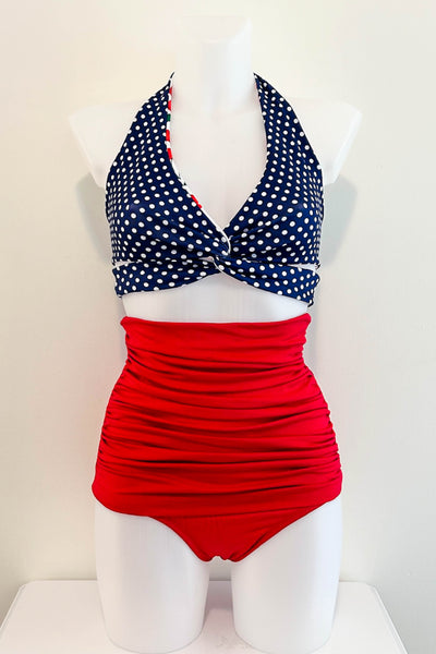 Gina Top in White Cherry & Navy Dot
