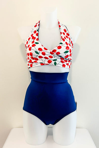 Gina Top in White Cherry & Navy Dot