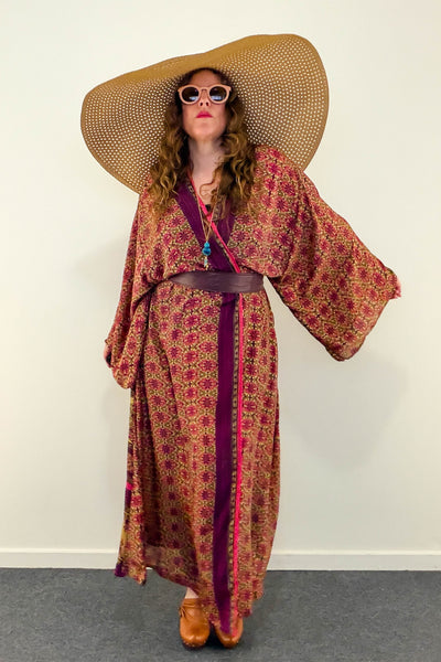 Long Upcycled Kimono Robe ~ Velvet Camellia
