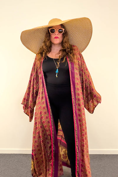 Long Upcycled Kimono Robe ~ Velvet Camellia