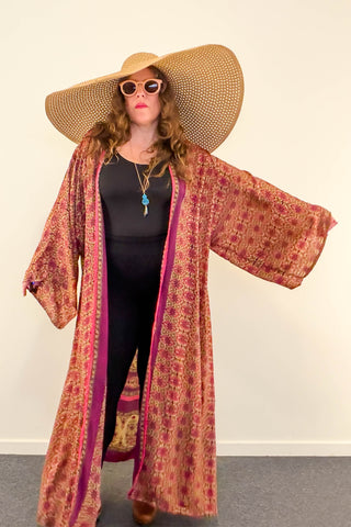Long Upcycled Kimono Robe ~ Velvet Camellia