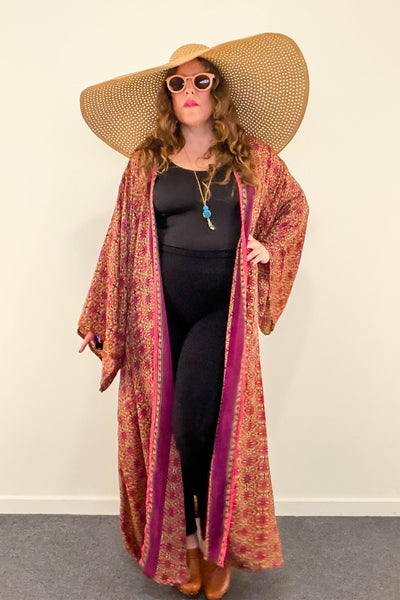 Long Upcycled Kimono Robe ~ Velvet Camellia