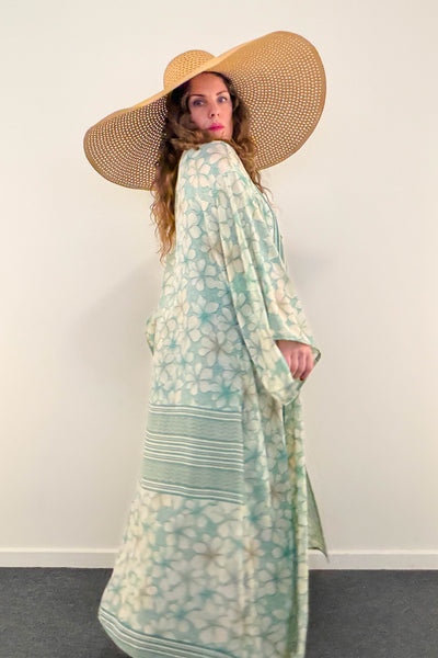Long Upcycled Kimono Robe ~ Celadon Grace