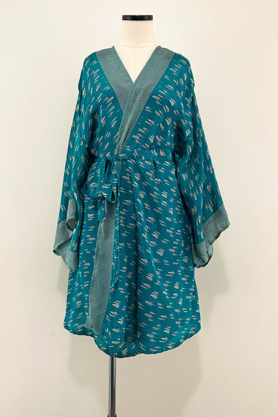 Short Upcycled Kimono Robe ~ Celestial Tide