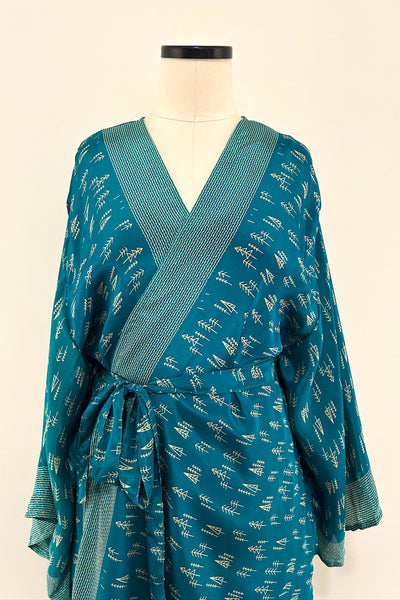 Short Upcycled Kimono Robe ~ Celestial Tide