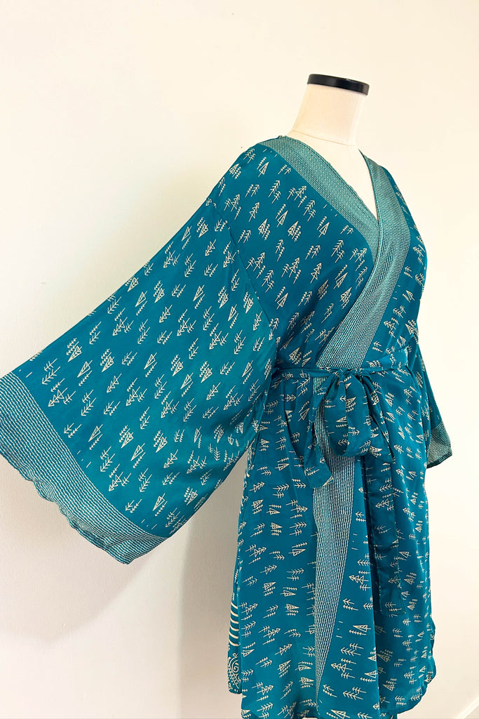 Short Upcycled Kimono Robe ~ Celestial Tide