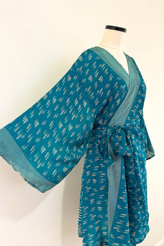 Short Upcycled Kimono Robe ~ Celestial Tide