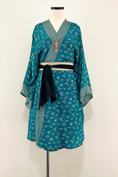 Short Upcycled Kimono Robe ~ Celestial Tide