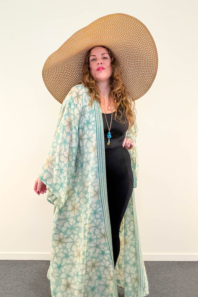 Long Upcycled Kimono Robe ~ Celadon Grace