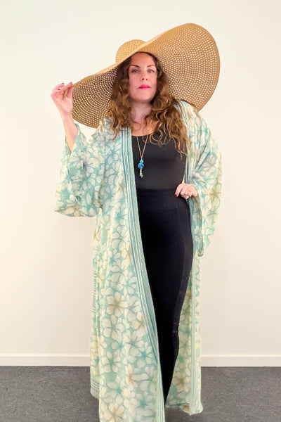 Long Upcycled Kimono Robe ~ Celadon Grace