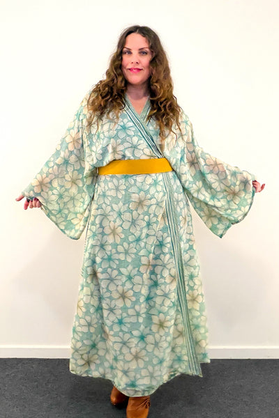 Long Upcycled Kimono Robe ~ Celadon Grace