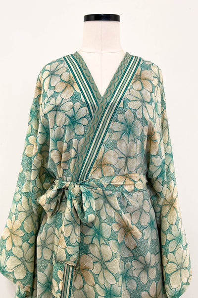Long Upcycled Kimono Robe ~ Celadon Grace