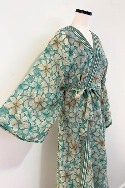 Long Upcycled Kimono Robe ~ Celadon Grace