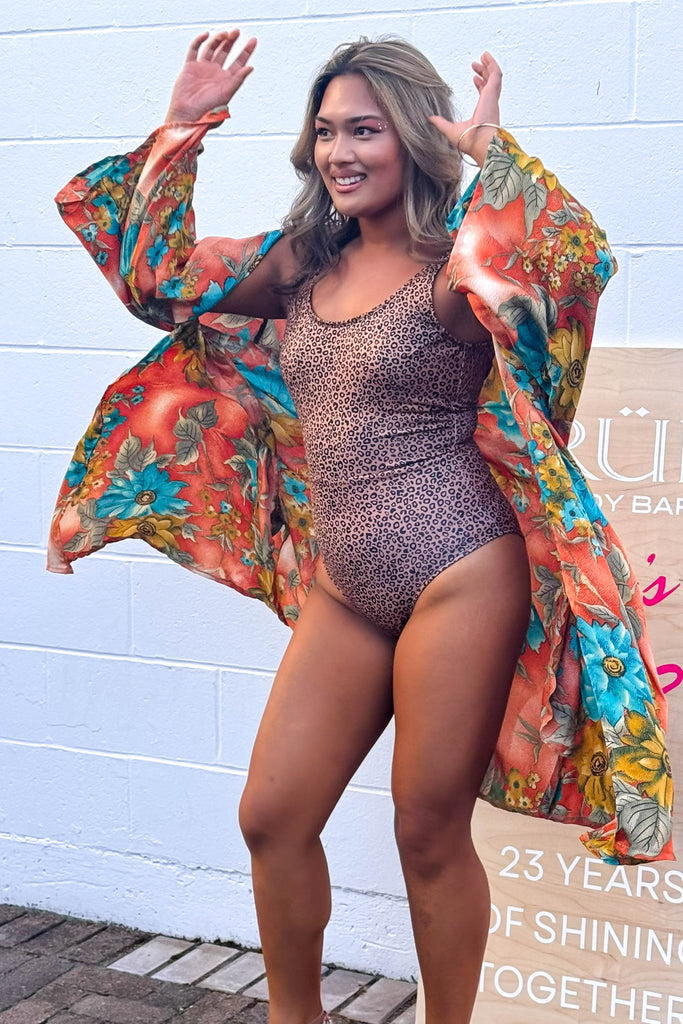 Short Upcycled Kimono Robe ~ Apricot Sky