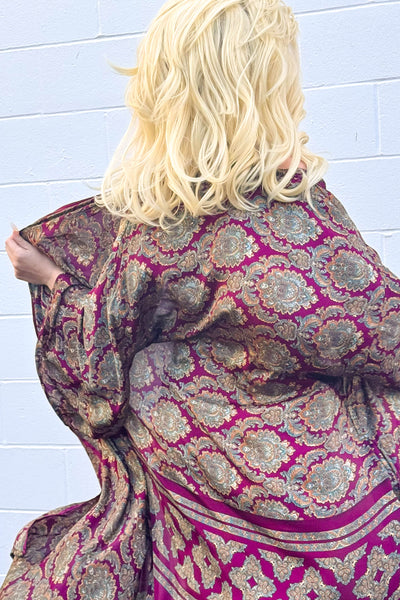Long Upcycled Kimono Robe ~ Imperial Orchid