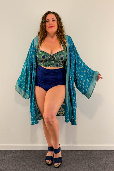 Short Upcycled Kimono Robe ~ Celestial Tide