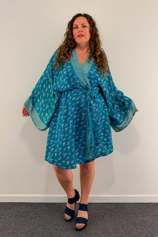 Short Upcycled Kimono Robe ~ Celestial Tide