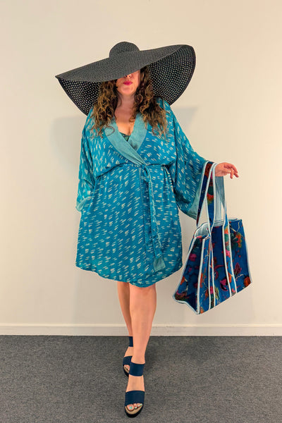Short Upcycled Kimono Robe ~ Celestial Tide