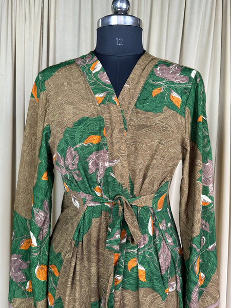 Recycle Silk Kimono Flowy Gown House Robe Boho Beach Coverup