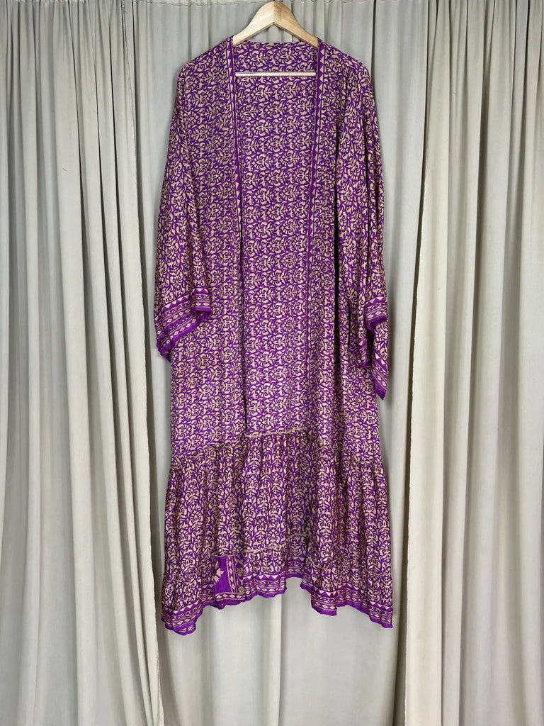 Recycle Silk Kimono Flowy Gown House Robe Boho Beach Coverup